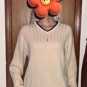 Old Navy Cream V-Neck Sweater with Ribbed Knit